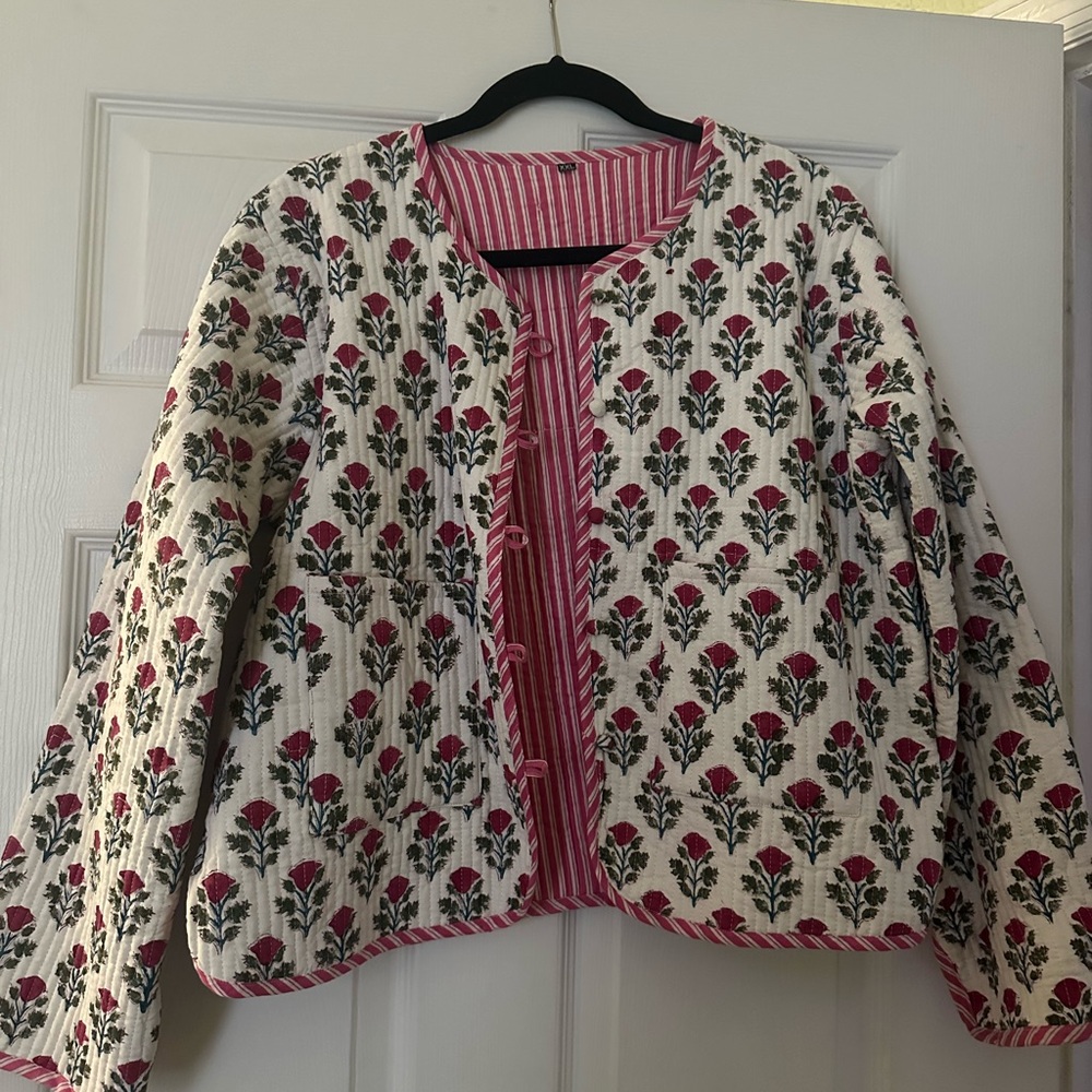 Floral Block Print Quilted Jacket with Striped Lining